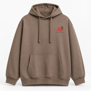 Black essentials hoodie with drawstring hood and ZKMA International logo on chest