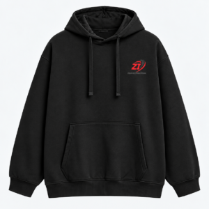 Men’s black hoodies with drawstring hood and ZKMA International logo on chest